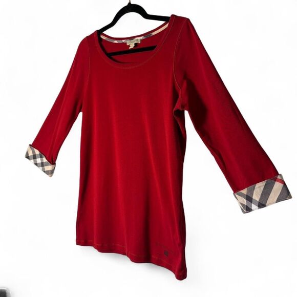Burberry Brit y2K Preppy Red 3/4 Sleeve Tee Nova Check Cuff 100% Cotton sz XL - Picture 3 of 10